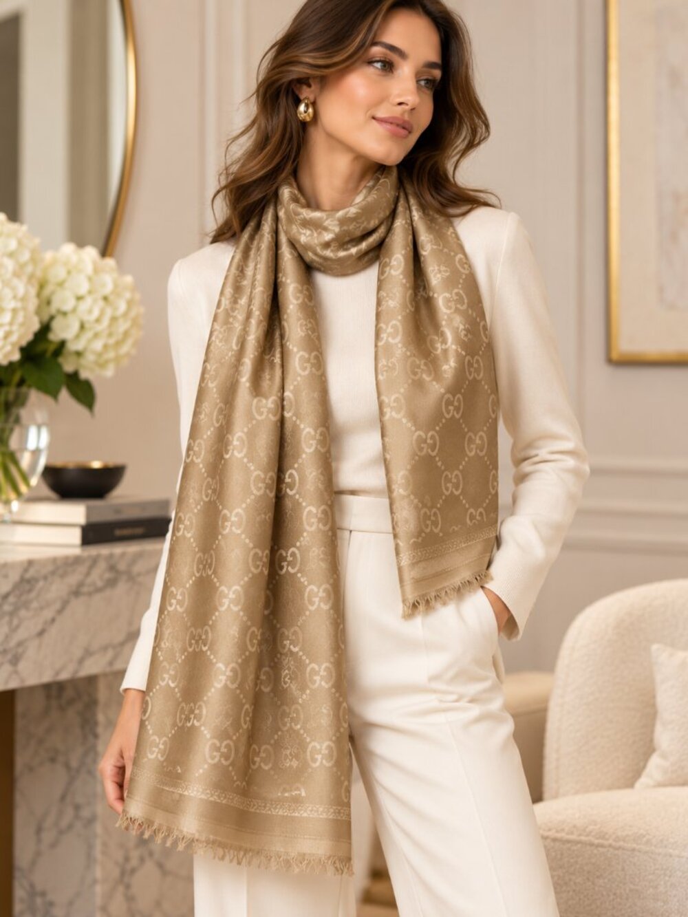 Beige Monogram Print Long Scarf Shawl Fringe Lightweight Wrap 27 x 74